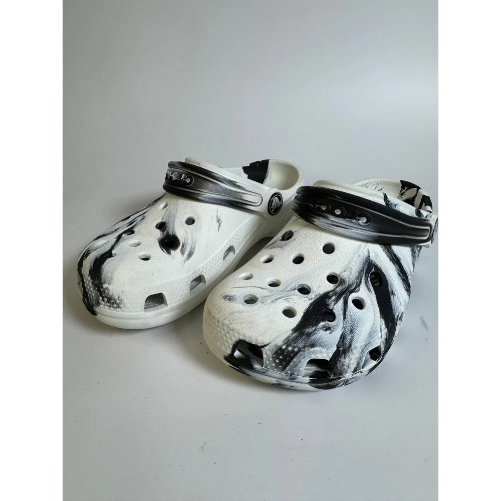 Crocs Kids Classic Marbled Clog Black White Swirl Slip On Shoes Size J13